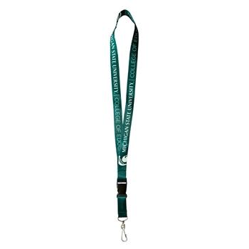Forest green lanyard with a white spartan helmet to the left of bold white text reading Michigan State University, followed by regular text reading College of Education. Graphi repeats twice around lanyard, before the fabric ends at a black buckle clip, connecting to the silver badge holder.