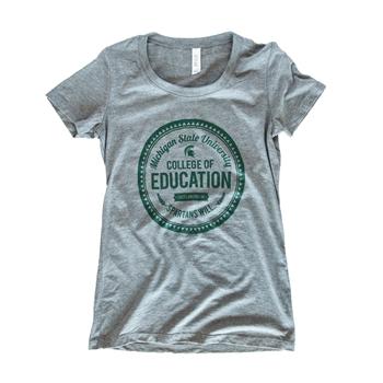 Medium heather gray short-sleeve crewneck t-shirt. In the center is a circular graphic reading Michigan State University College of Educations: Spartans Will in a variety of fonts with retro icons and the Spartan helmet. The graphic is printed in forest green.