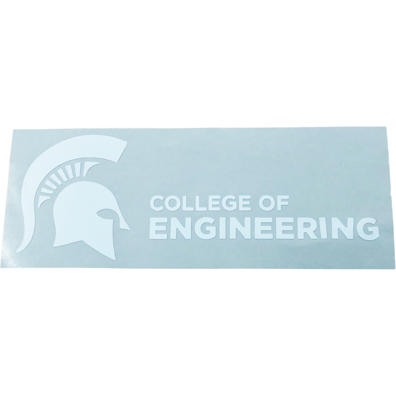 Green vinyl decal with white Spartan helmet on left side and College of Engineering in white on lower right side