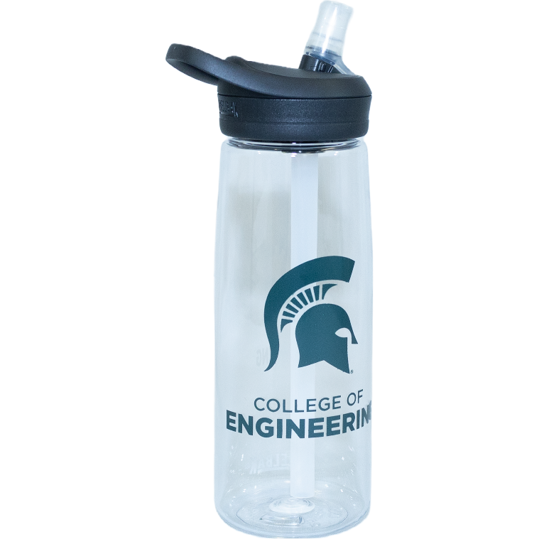 Clear water bottle with a dark green Spartan helmet in the center, with block text reading "College of Engineering" underneath. Cap is black with a loop handle and a flip-top clear bite valve 