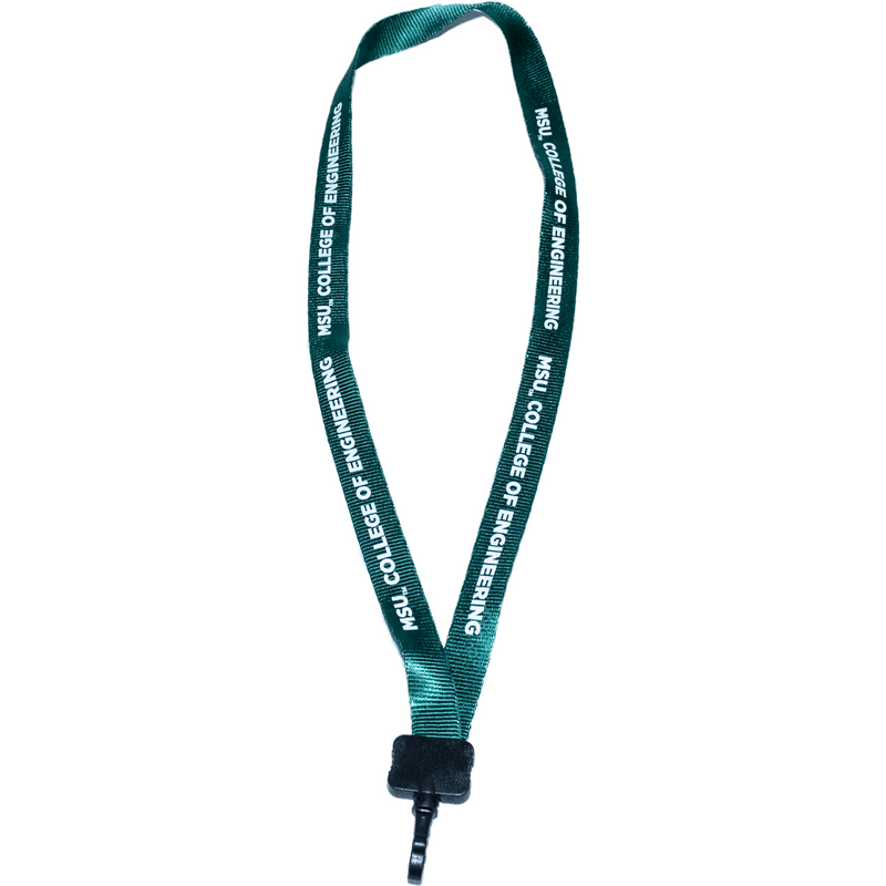 Dark green woven lanyard printed with MSU College of Engineering in white repeating along length. Black swivel snap hook on end