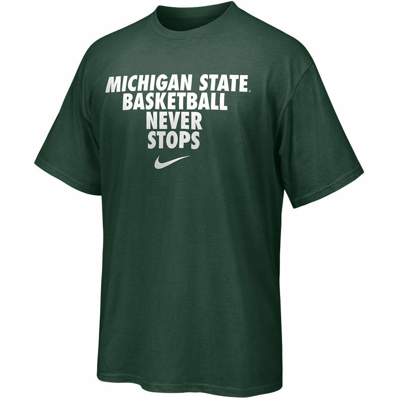 Forest green crewneck short-sleeve t-shirt. On the center chest is all caps text reading Michigan State Basketball Never Stops centered above a Nike swoosh, all in white