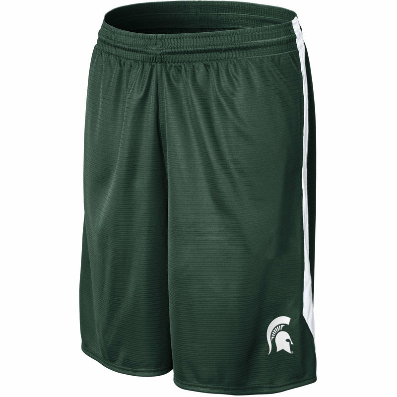 Forest green basketball shorts with a white stripe down the thigh. At the bottom of the left leg is a white Spartan helmet.
