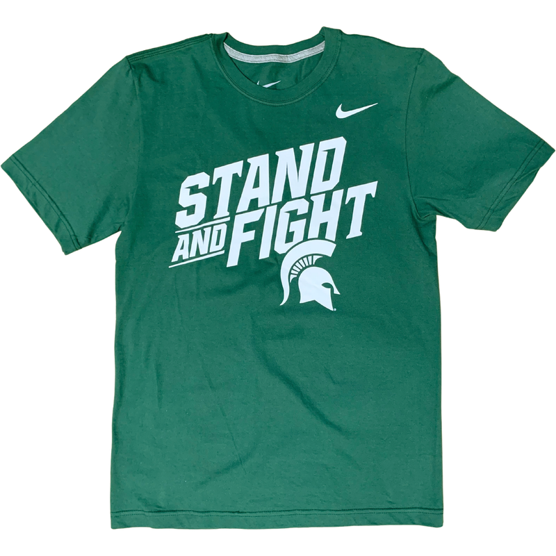 Kelly green crewneck short-sleeve t-shirt. A white Nike swoosh is on the upper left chest. On the center chest is large all caps text reading Stand and Fight above a Spartan helmet
