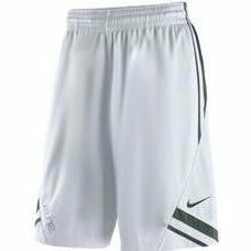 White basketball shorts with forest green details down the side hems and at the bottom of each leg. On the left thigh is a small green Nike swoosh