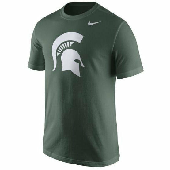Forest green crewneck short-sleeve t-shirt. A white Nike swoosh is on the upper left chest with a large white Spartan helmet on the center chest