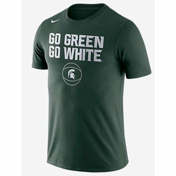Forest green crewneck short-sleeve t-shirt. A white Nike swoosh is on the right chest above all caps text reading Go Green, Go White spanning the center chest. Below that is the outline of a basketball with a Spartan helmet in the center