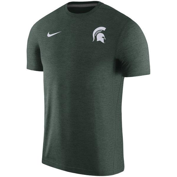Forest green crewneck short-sleeve t-shirt. A white Nike swoosh is on the right chest opposite a white Spartan helmet on the left chest