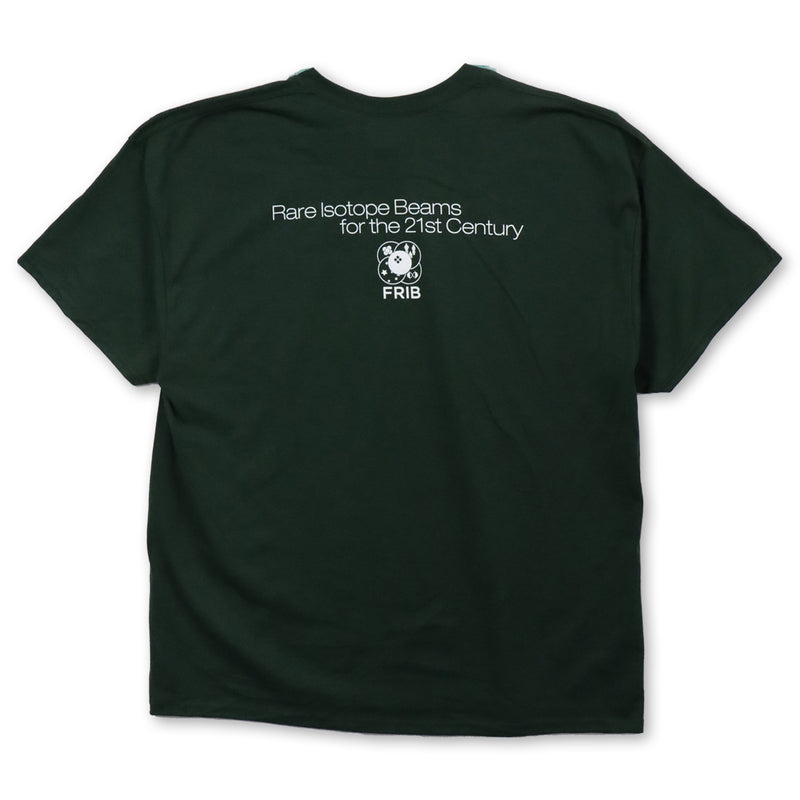 Back of forest green crewneck t-shirt with short sleeves. Across the center of the upper back, text reads "Rare Isotope Beams for the 21st Century" over a white logo for the Facility.