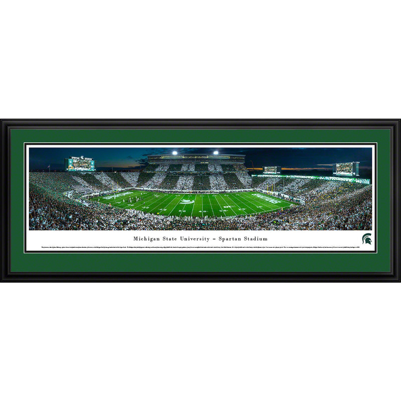 A framed panoramic view of a filled Spartan Stadium at night with a green background. The crowd in the stands of the stadium have groups alternating wearing green and white.