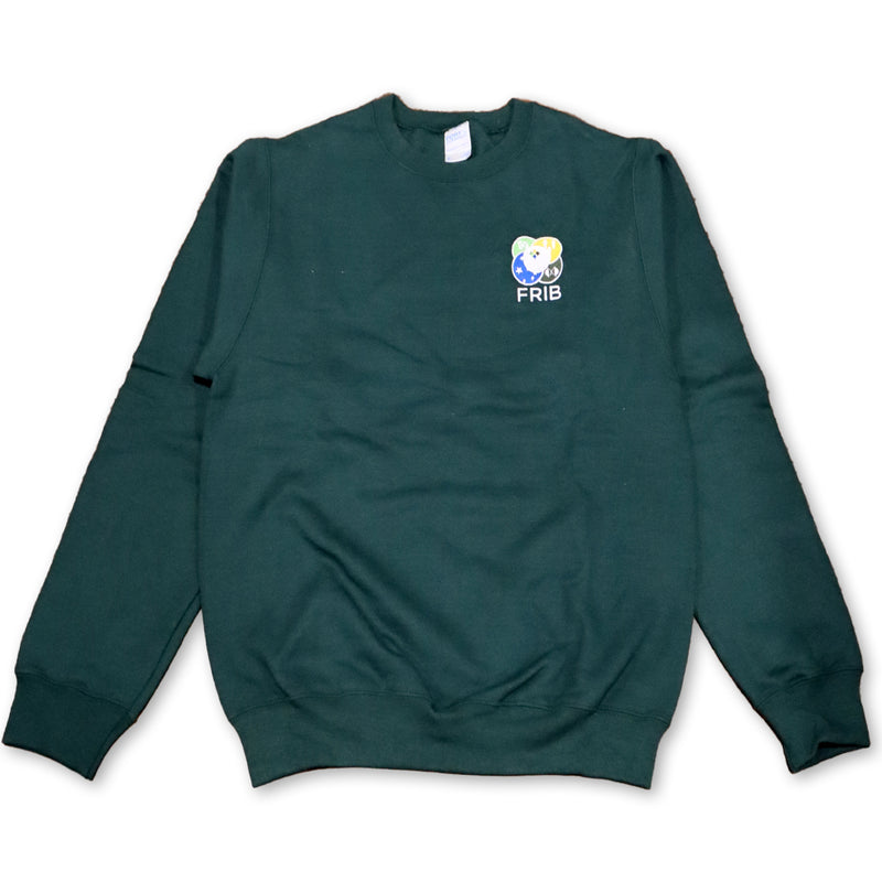 Forest green crewneck sweatshirt with the full-color FRIB logo embroidered on the upper left chest.