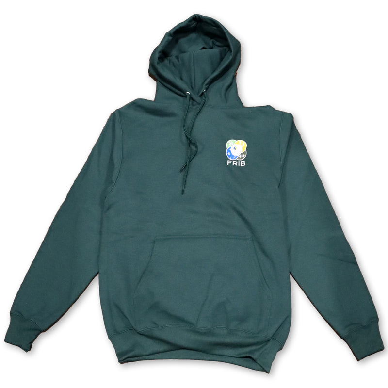 Forest green hooded sweatshirt with the full-color FRIB logo embroidered on the upper left chest. The hood's drawstrings are also forest green, and there is a large two hand pocket spanning the lower torso.