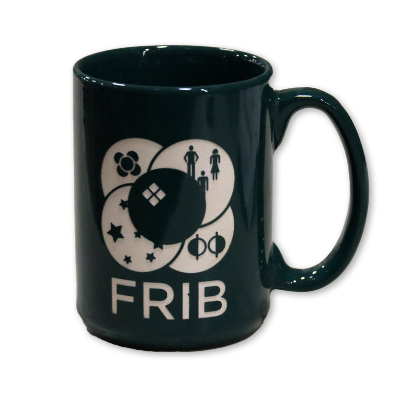 Forest green ceramic mug with the FRIB logo carved into its face on the left of the handle