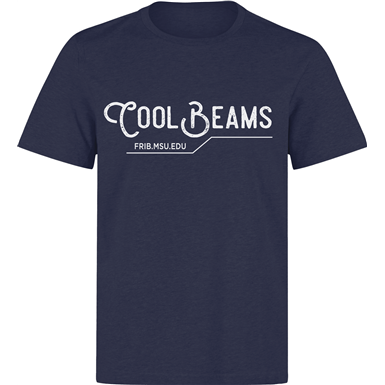 Dark blue crewneck t-shirt with white chalk-like font reading cool beams over a line that includes small text reading frib.msu.edu