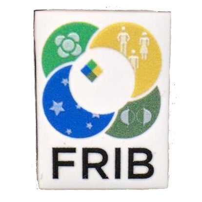 A white rectangular enamel pin features the full-color FRIB logo.