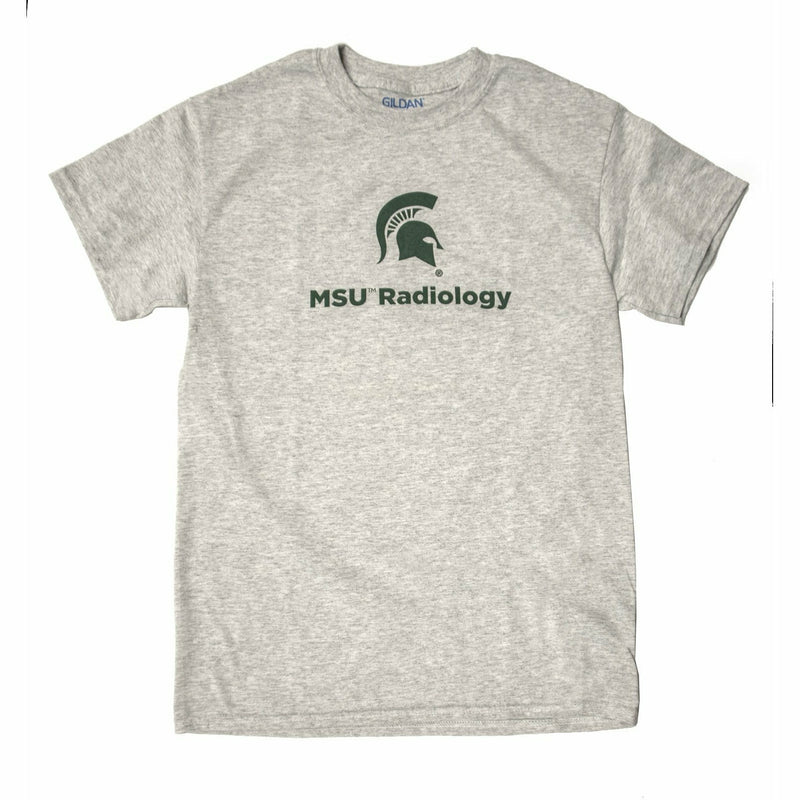 Light heather gray crewneck t-shirt with short sleeves. On the center chest is a forest green Spartan helmet above text reading MSU Radiology