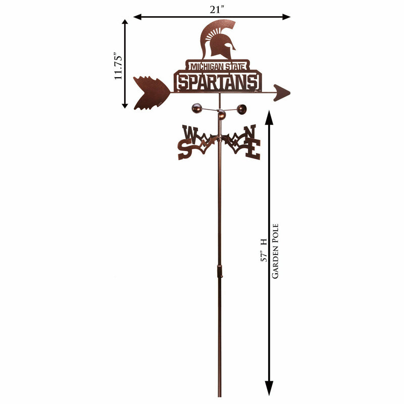 Full length photo of the mini weathervane which includes measurements. Stake is 57 inches tall, with the arrow and helmet adding an additional 11.75 inches. The widest point of the weathervane is 21 inches.