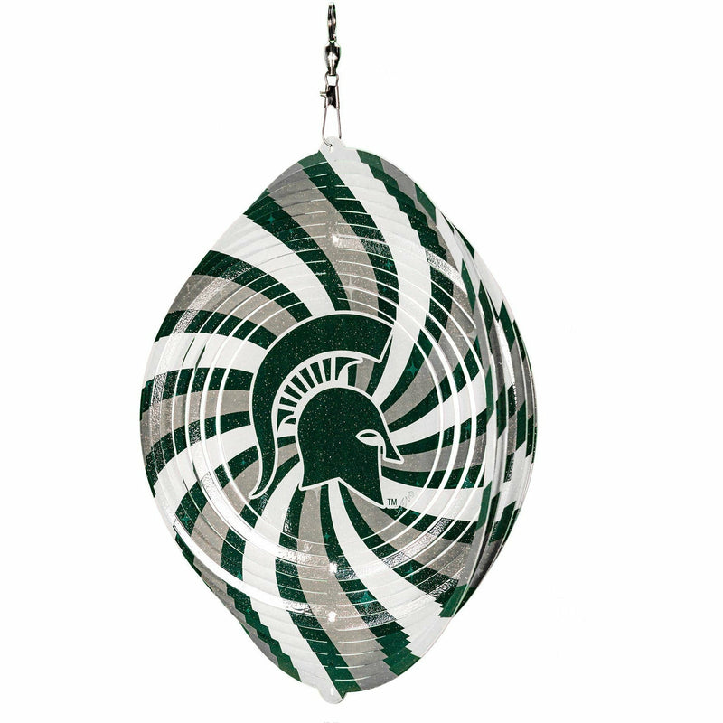 Multi-piece wind spinner with a swirled green, white, and silver pattern radiating from the center. On the center is a green and white Spartan helmet.