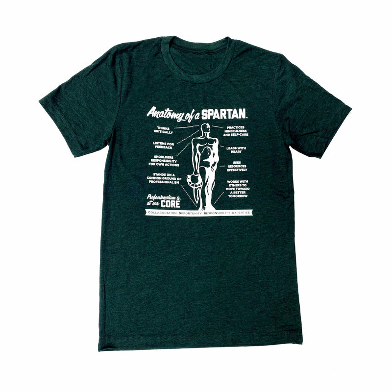 Forest green heathered crewneck short sleeve t-shirt. On the center chest is a white graphic reading Anatomy of a Spartan with lines connecting various points of an illustrated Spartan statue to text blocks