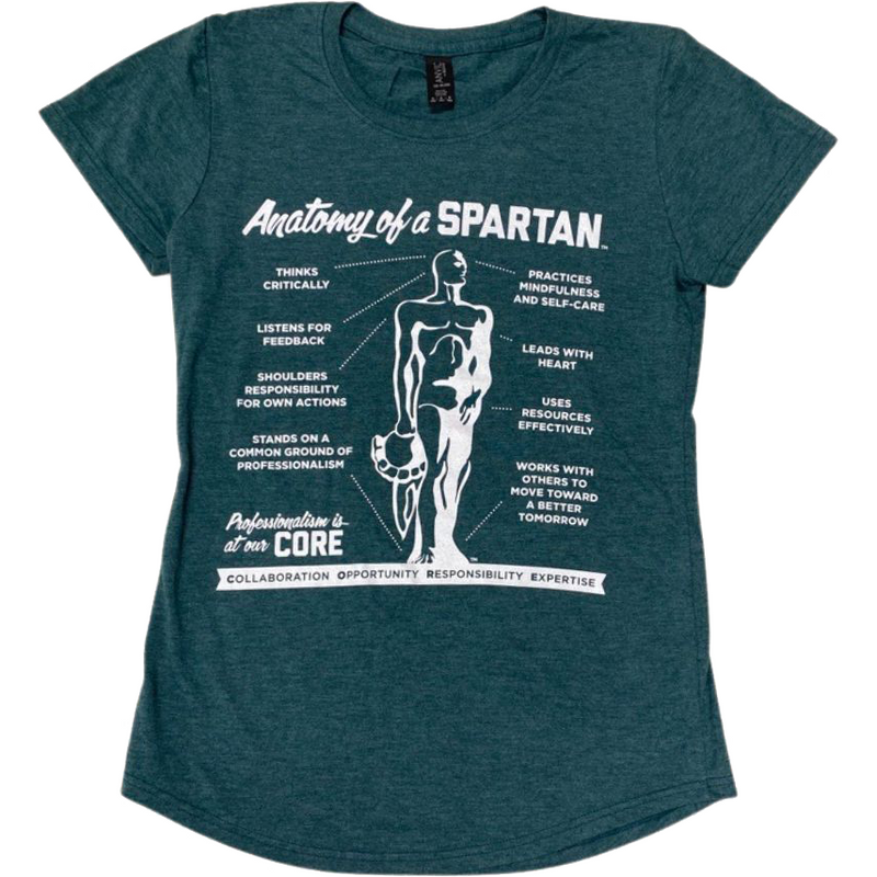 Emerald green women's tee that reads "Anatomy of a Spartan" with an image of the Spartan Statue 