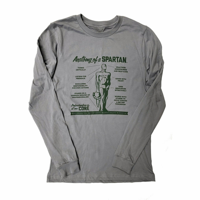Medium gray crewneck long-sleeve t-shirt. On the center chest is a forest green graphic reading Anatomy of a Spartan with lines connecting various points of an illustrated Spartan statue to text blocks