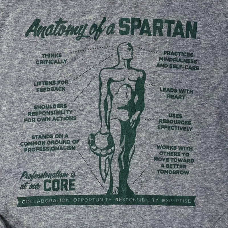 Close-up of the Anatomy of a Spartan graphic. Text blocks read (from top left to bottom right): Thinks critically. Listens for feedback. Shoulders responsibility for own actions. Stands on a common ground of professionalism. Practices mindfulness and self-care. Leads with heart. Uses resources effectively. Works with others to move toward a better tomorrow.