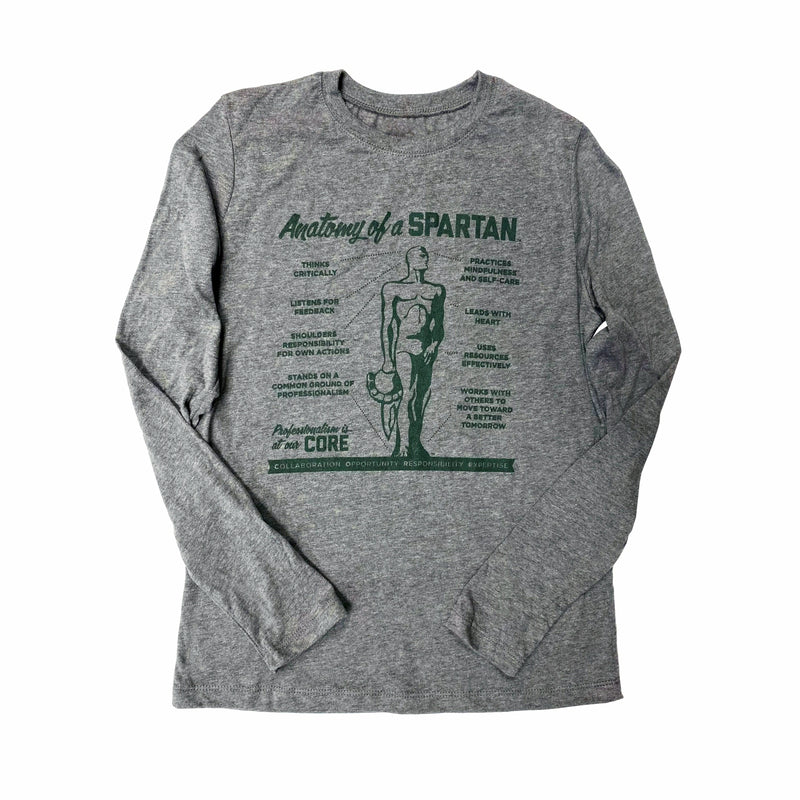 Medium gray heathered crewneck long-sleeve t-shirt. On the center chest is a forest green graphic reading Anatomy of a Spartan with lines connecting various points of an illustrated Spartan statue to text blocks