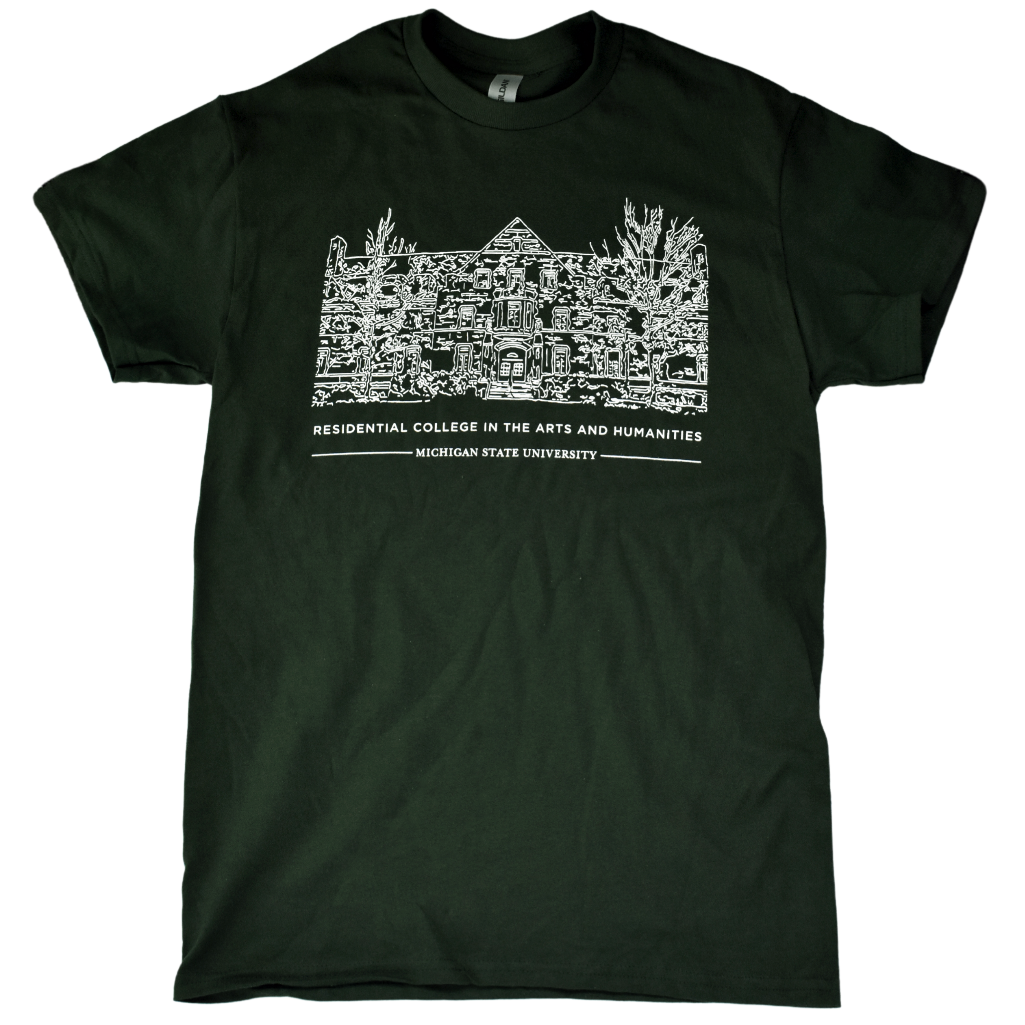 Forest green crewneck t-shirt with a white illustrated outline of Snyder-Phillips hall on the center chest. Below that in small all-caps is text reading Residential College in the Arts and Humanities above a smaller line of test reading Michigan State University.