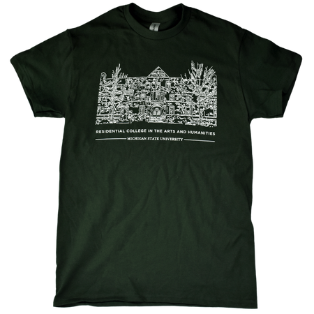 Forest green crewneck t-shirt with a white illustrated outline of Snyder-Phillips hall on the center chest. Below that in small all-caps is text reading Residential College in the Arts and Humanities above a smaller line of test reading Michigan State University.