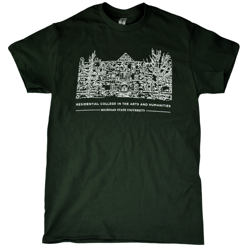 Forest green crewneck t-shirt with a white illustrated outline of Snyder-Phillips hall on the center chest. Below that in small all-caps is text reading Residential College in the Arts and Humanities above a smaller line of test reading Michigan State University.