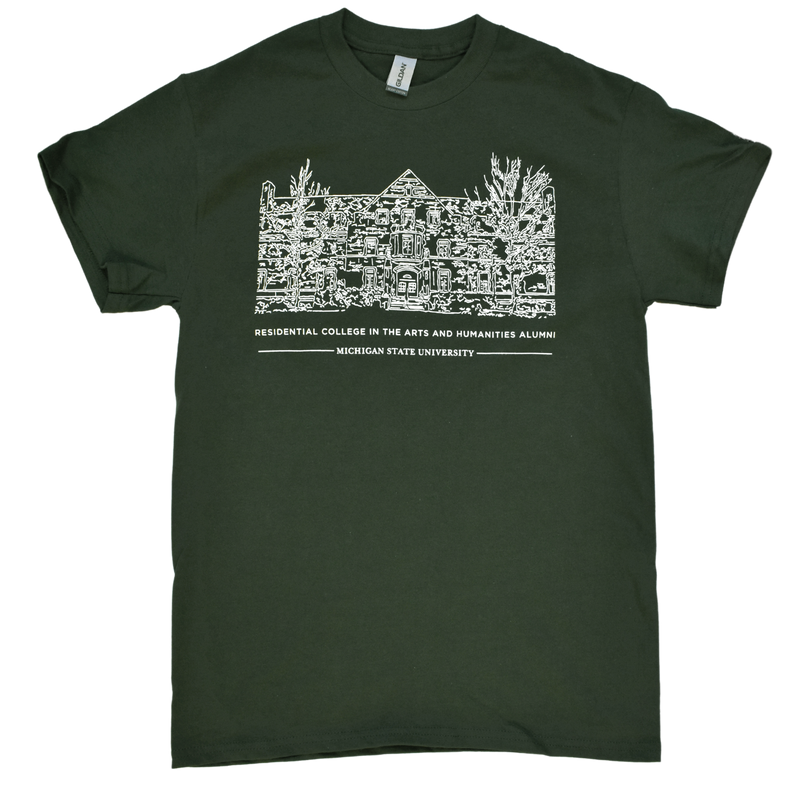 Forest green crewneck t-shirt with a white illustrated outline of Snyder-Phillips hall on the center chest. Below that in small all-caps is text reading Residential College in the Arts and Humanities Alumni above a smaller line of test reading Michigan State University.