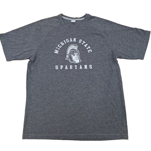 Dark gray crewneck t-shirt. On the center chest, a vintage rendition of Sparty's head is printed between arched text reading Michigan State and a straight line of text reading Spartans.  Screen printing is white.