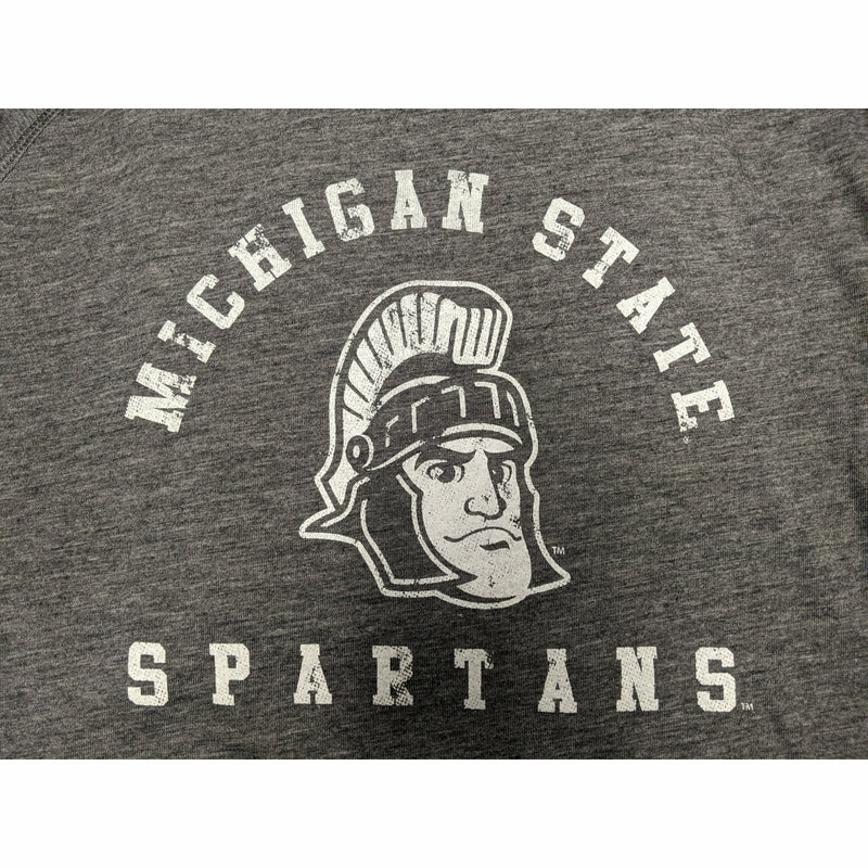 Close-up of a white screen printed vintage rendition of Sparty's head is printed between arched text reading Michigan State and a straight line of text reading Spartans.