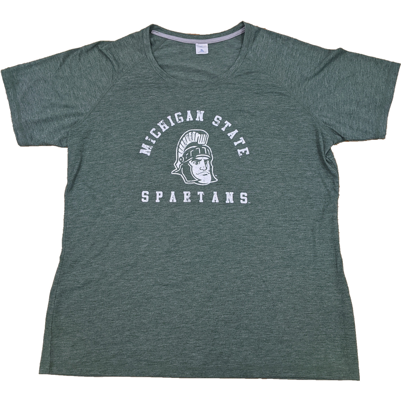 Sage green crewneck t-shirt. On the center chest, a vintage rendition of Sparty's head is printed between arched text reading Michigan State and a straight line of text reading Spartans.  Screen printing is white.