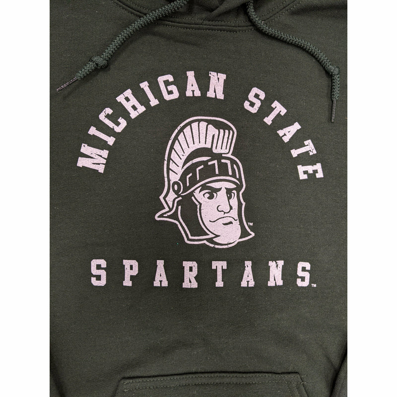Close-up of a white screen printed vintage rendition of Sparty's head is printed between arched text reading Michigan State and a straight line of text reading Spartans.