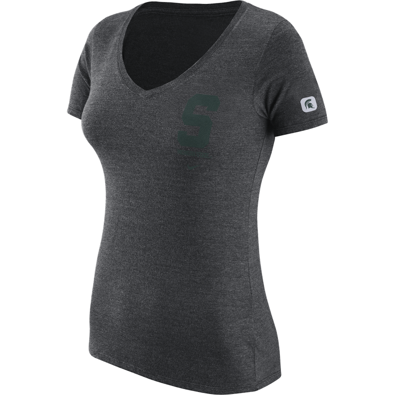Charcoal heather gray v-neck short-sleeve t-shirt. on the left chest is a forest green block S. On the left sleeve is a small white square with a green Spartan helmet.