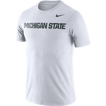 White crewneck short-sleeved t-shirt.  On the left chest is a green Nike swoosh; the center chest features all caps text reading Michigan State.