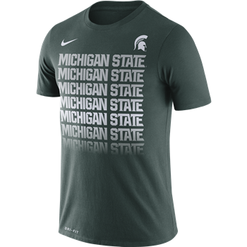 Forest gren crewneck short-sleeved t-shirt. On the left chest is a white Spartan helmet; the right chest features a white Nike swoosh. Down the torso are seven lines of text in a gradient fade shading, each reading Michigan State.