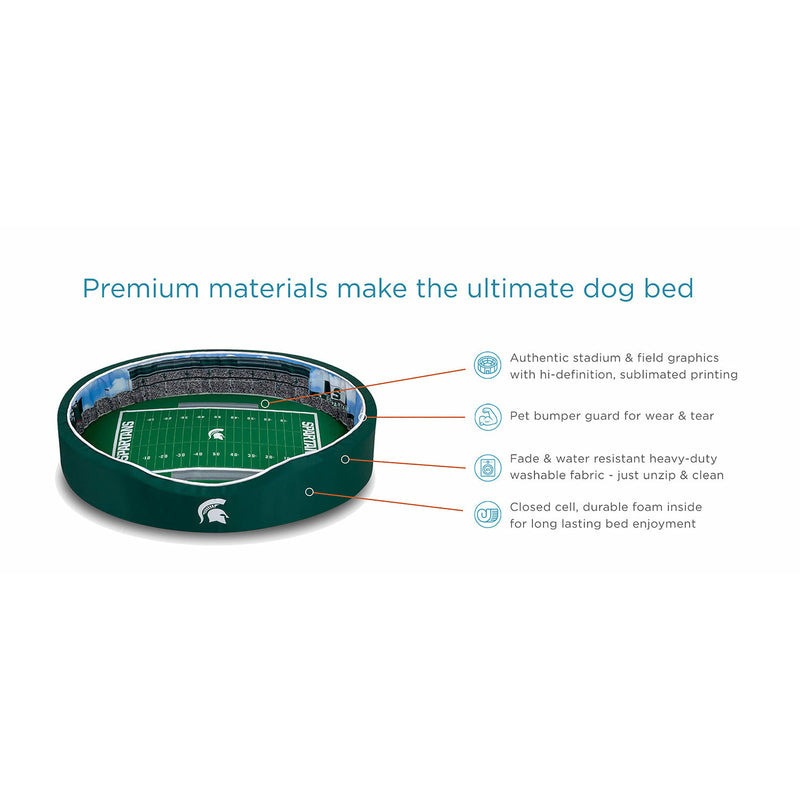 Stadium printed dog bed features high definition graphics, a bumper guard, fade and water resistant washable fabric, closed cell durable foam