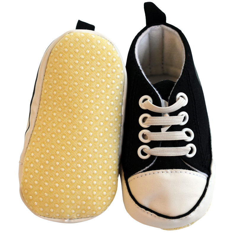 Top and bottom view of the prewalker shoe, with the bottom view showing a yellow sole with white grips.