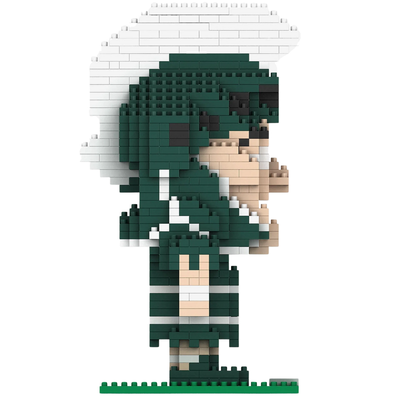 Side view of the assembled Sparty BRXLZ mascot, facing right. Like the real Sparty, the BRXLZ mascot is wearing a green outfit and helmet with white accents.