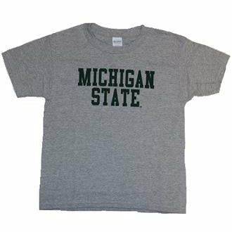 Heather gray crewneck t-shirt with forest green block letter text reading Michigan State in two lines across the center chest