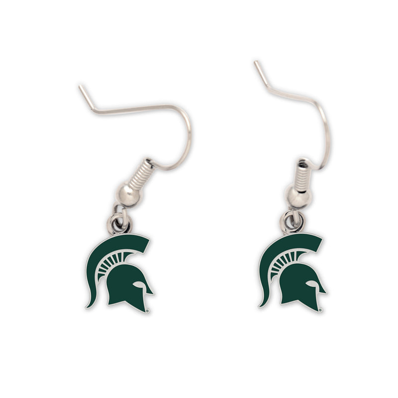 Forest green dangle earrings in the shape of the Spartan helmet, with a silvery outline, hanging from silver-colored hooks.