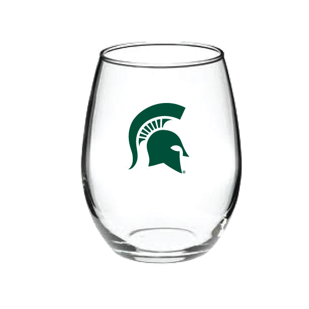 Clear stemless wine glass with a forest green Spartan helmet printed on the center of one side