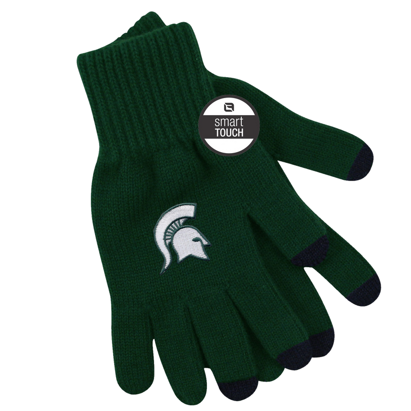 Forest green knit gloves with black tips on the thumb, index, and middle fingers. On the top of each hand is an embroidered white Spartan helmet.