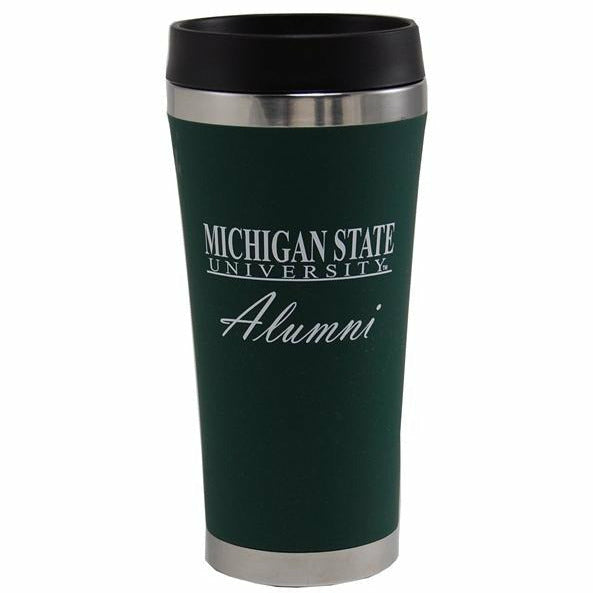 Forest green tapered travel mug with silver at the top and base. On the front is a white MSU wordmark above script font reading Alumni. The mug's lid is black.