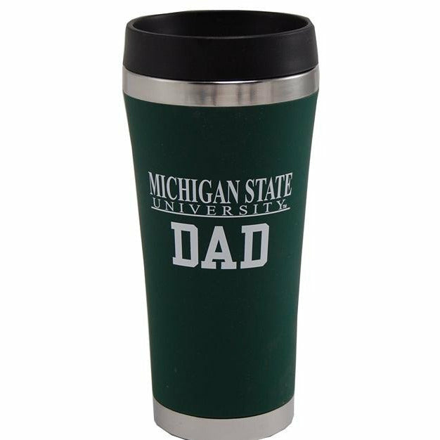 Forest green tapered travel mug with silver at the top and base. On the front is a white MSU wordmark above block text reading Dad. The mug's lid is black.