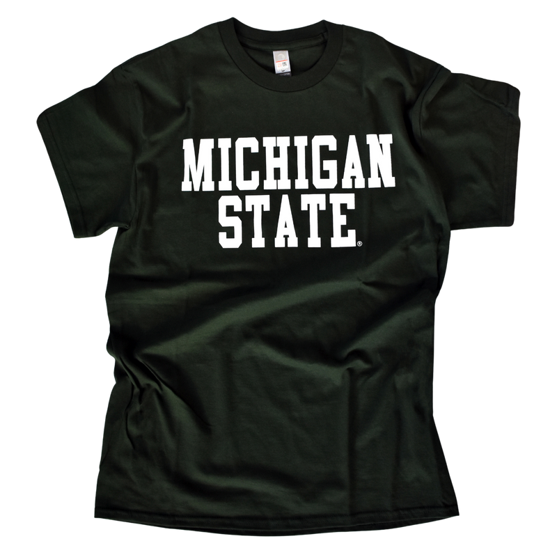 Dark green crewneck, short-sleeve t-shirt. Across center chest, white block letters read "Michigan State"