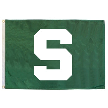 Kelly green flag with a large white block "S" centered. Left side has a white binding with two gold rivets for hanging