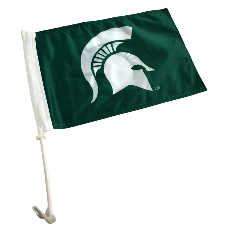 Dark green flag with a white Spartan helmet centered. The white pole has a hook for use on car windows